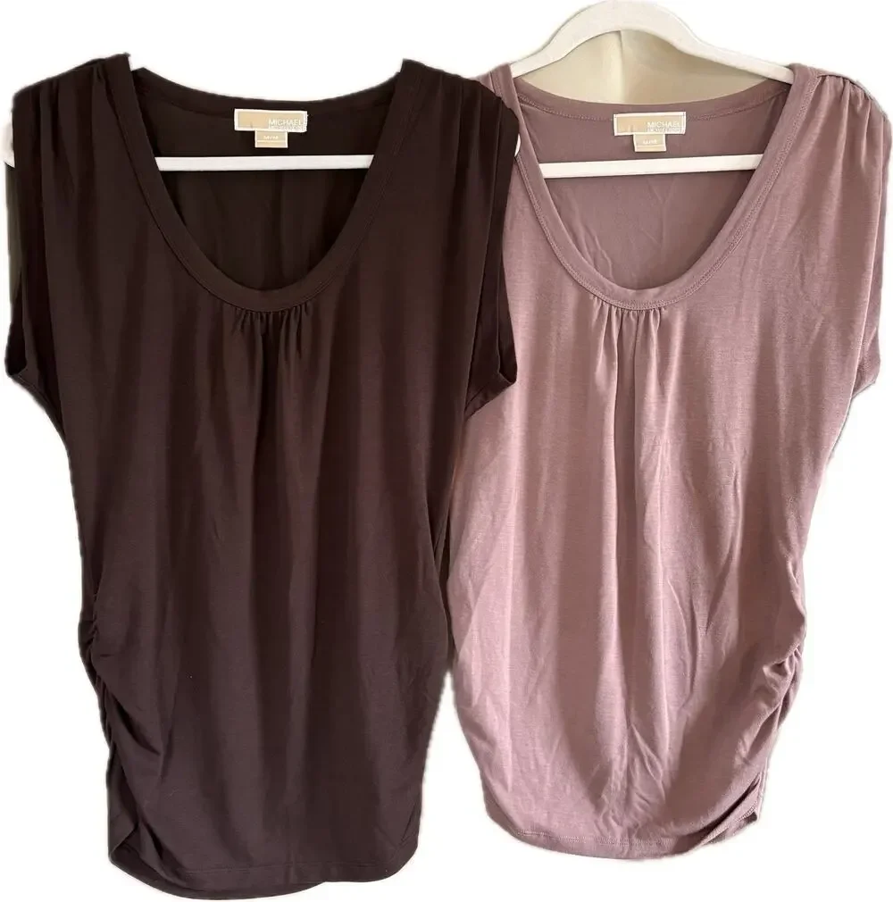 Set of 2 Michael Kors Scoop Neck Ruched Sides Gathered Shoulder Top Women Medium